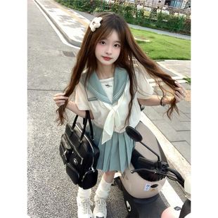 日系套装 制服绿色学院水手服高腰百褶半身裙水手服上衣夏季