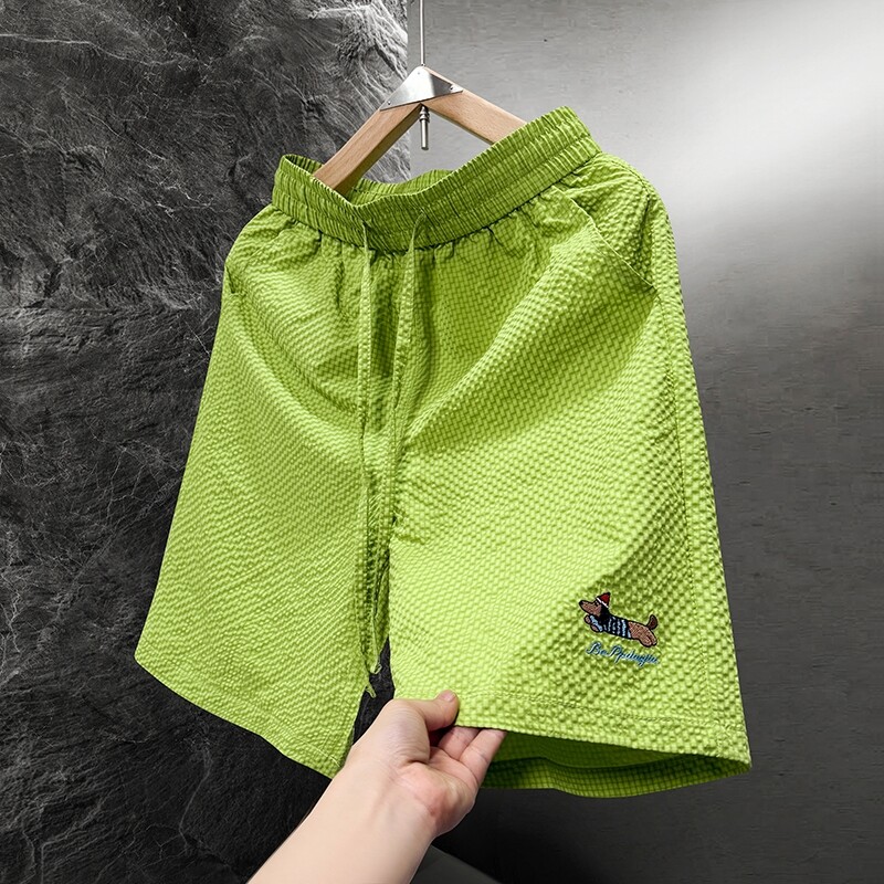 多巴胺运动短裤男夏季泡泡纱刺绣五分休闲裤子青少年冰丝速干五分