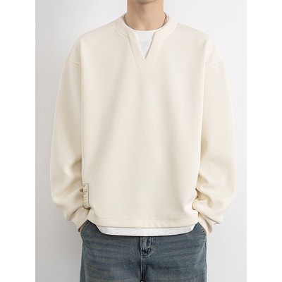 韩版潮流高端假两件卫衣男士2025春秋季痞帅春装v领打底衫长袖T恤