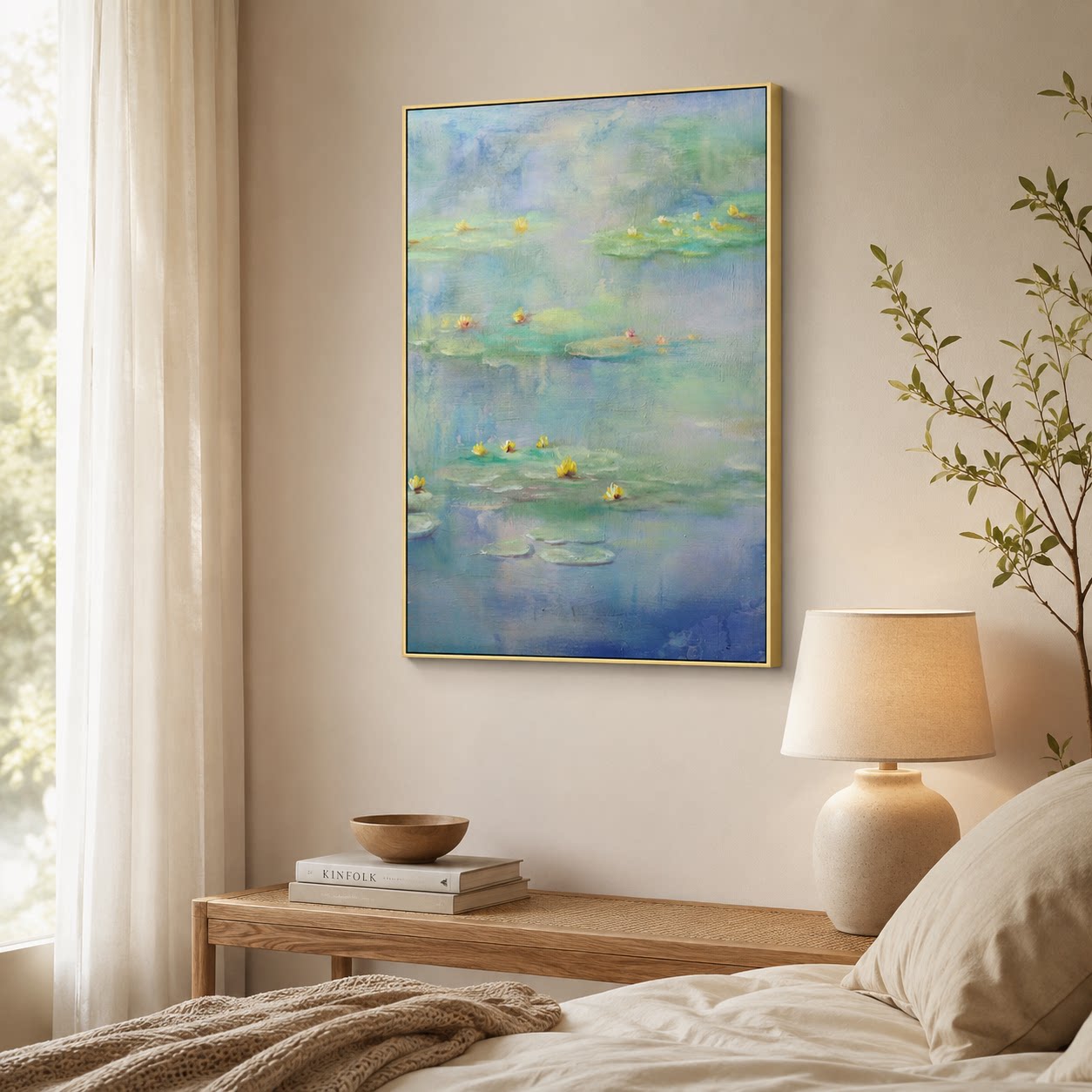 现代简约荷塘睡莲手绘油画客厅玄关装饰画入户走廊沙发墙壁画挂画