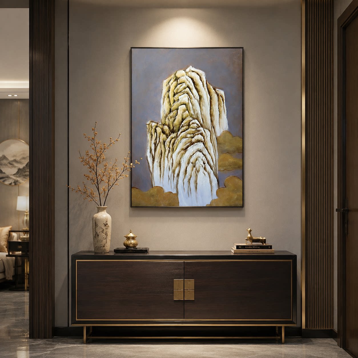 新中式金色山峰手绘油画客厅玄关装饰画入户走廊沙发背景墙挂画