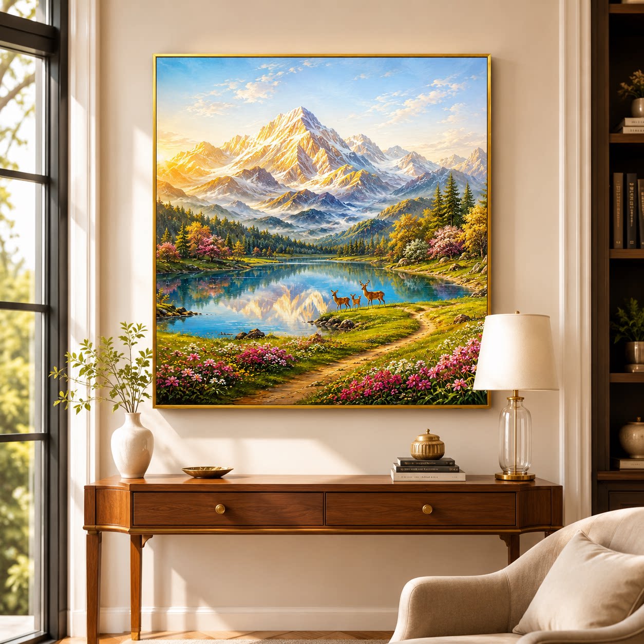代发雪山湖泊福禄工程酒店民宿装饰画玄关手绘油画支持定制款