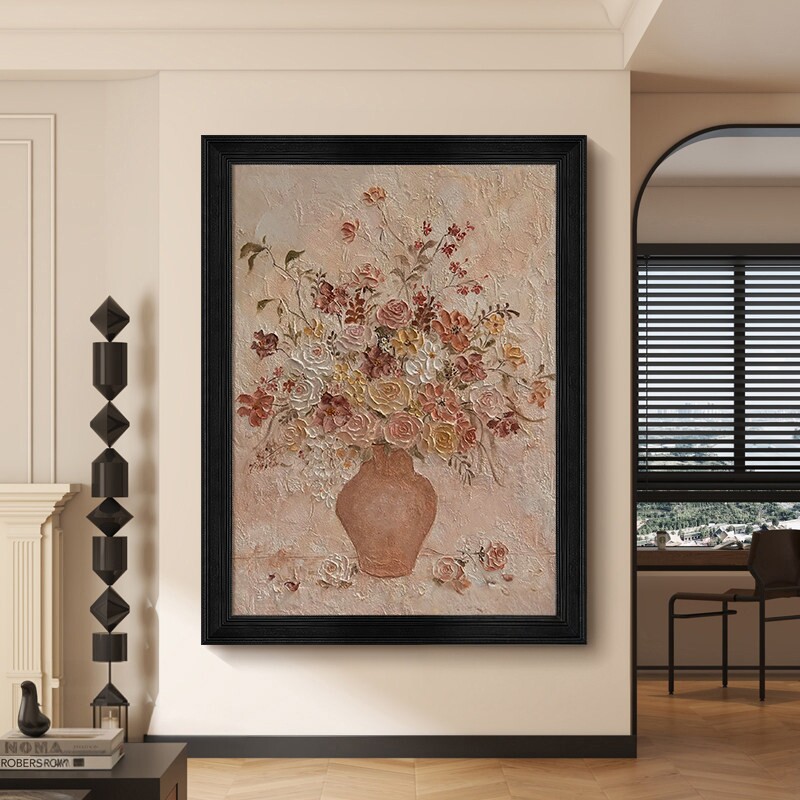奶油中古风静物花卉肌理手绘油画玄关大幅挂画客厅法式复古装饰画