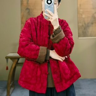 新中式冬装新款休闲棉服复古立领盘扣亚麻织花加厚保暖棉衣外套女