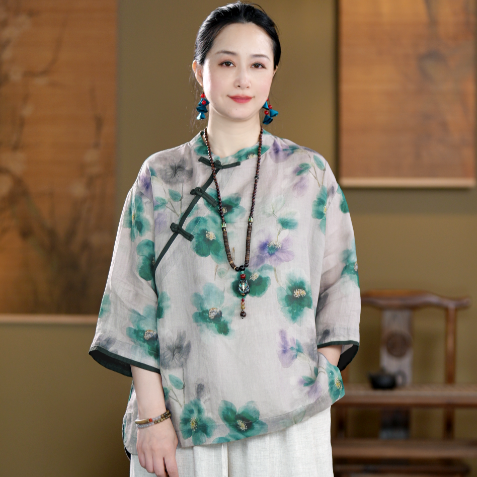 苎麻女装夏季新款复古立领斜襟盘扣印花五分袖衬衫老钱风茶服上衣