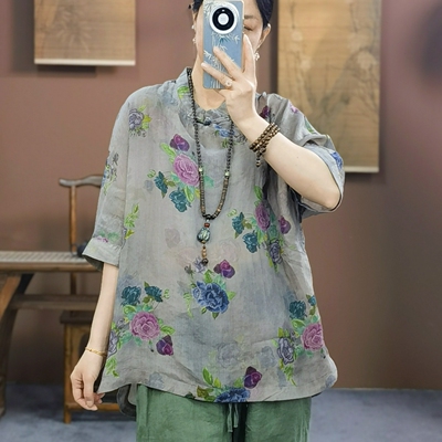 束心新中式女装新款苎麻印花复古立领斜襟盘扣宽松连肩五分袖衬衫