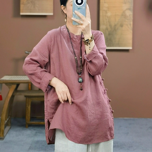 长袖 束心新中式 复古立领侧盘扣开叉亚麻纯色中长款 新款 上衣女 秋装