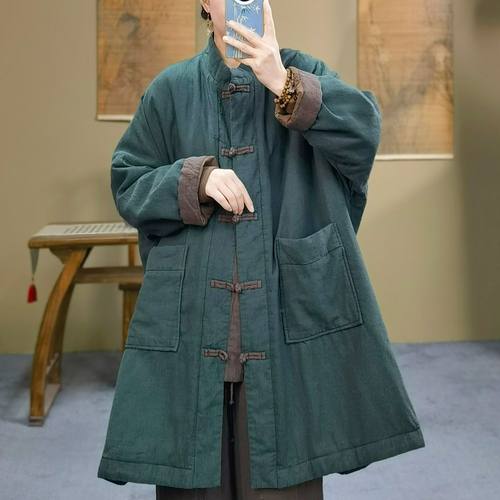 新中式新款棉衣女立领盘扣中长款