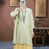 中长款 束心新中式 复古立领盘扣刺绣苎麻纯色七分袖 新款 上衣女 女装