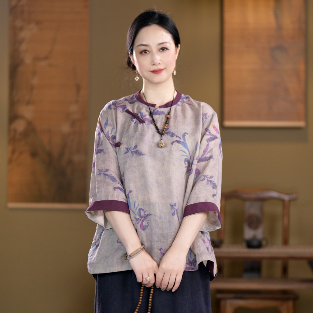 苎麻女装夏季新款复古斜襟小立领五分袖衬衫女印花拼色休闲上衣女