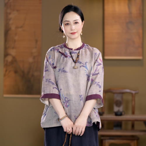 夏季苎麻斜襟小立领印花衬衫女