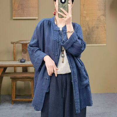 新中式立领盘扣汉麻女款长袖衬衫