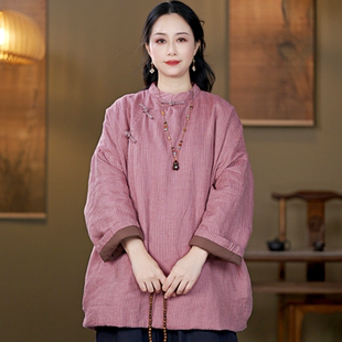 女装冬季新款复古立领盘扣亚麻中长款棉衣竖条纹显瘦套头棉服