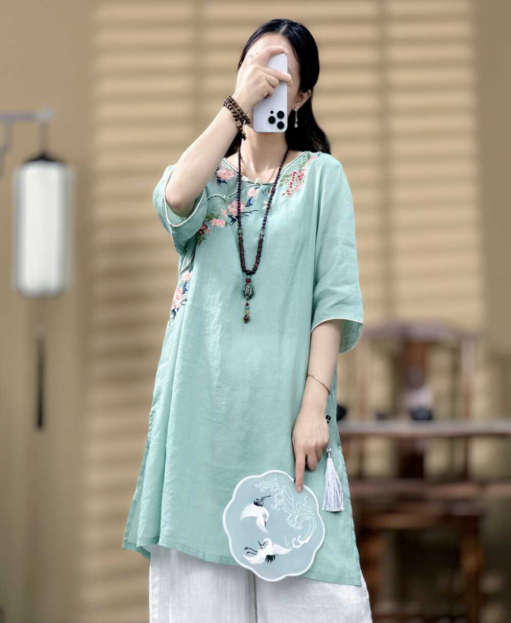 新中式盘扣刺绣五分袖苎麻衬衫