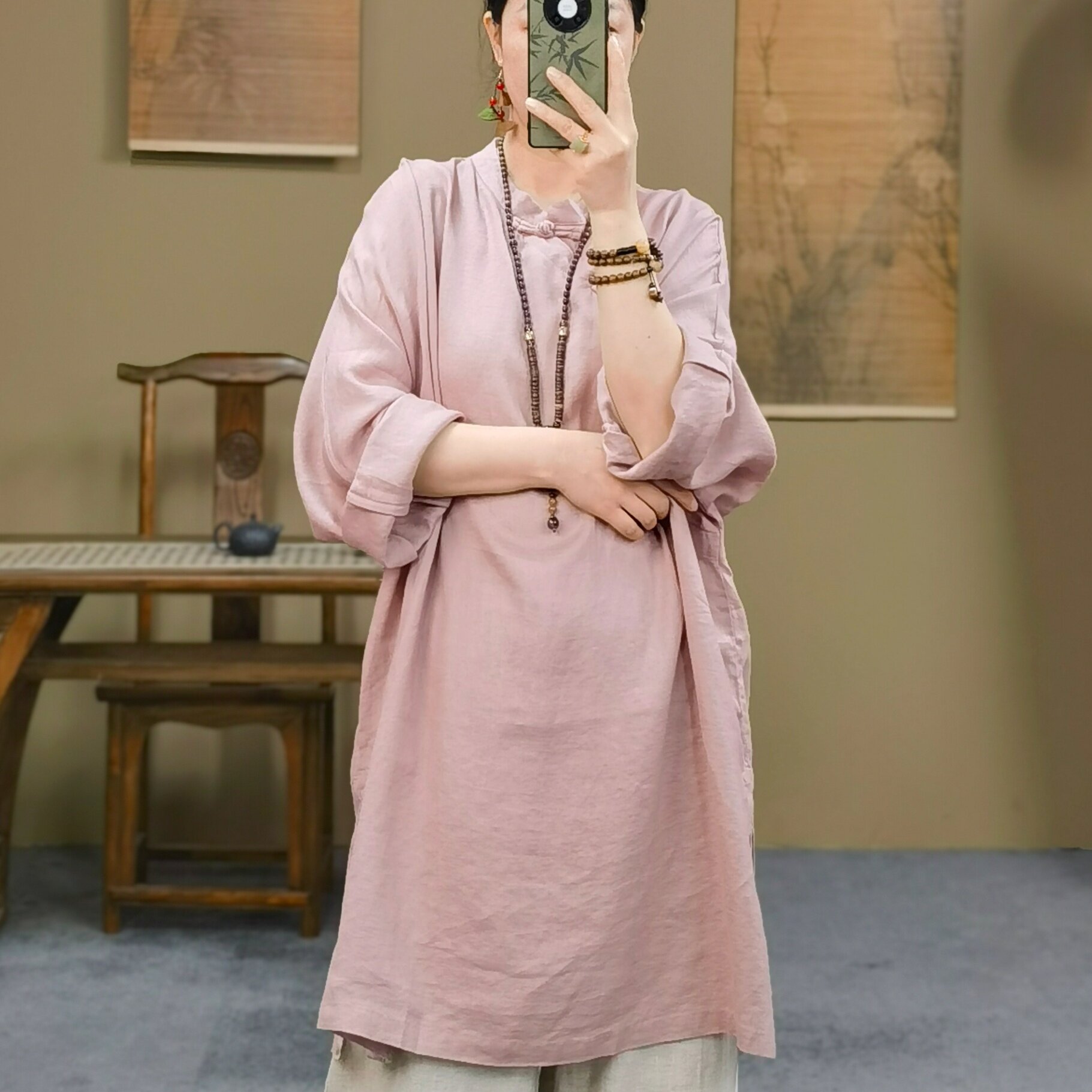 新中式女装春装新款复古立领斜襟盘扣亚麻禅意茶服宽松中长款上衣