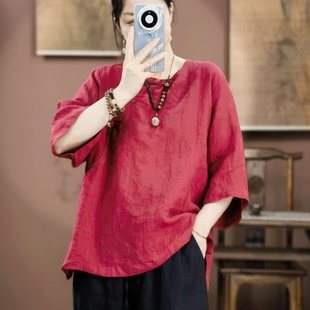 束心新中式新款复古圆领盘扣五分袖衬衫女雨露亚麻手工线宽松上衣