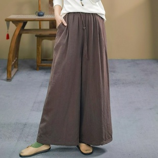 女松紧腰抽绳亚麻纯色夹棉加厚保暖阔腿裤 束心新中式 棉裤 新款 冬装