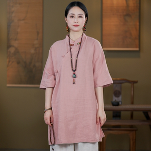 新中式女装夏新款复古立领斜襟亚麻琉璃珠扣五分袖中长款茶服上衣