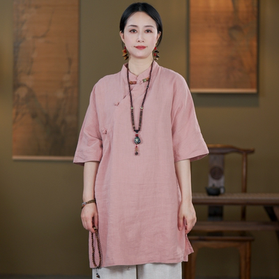 新中式立领斜襟亚麻五分袖茶服