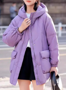 紫色连帽中长款羽绒服女宽松加厚90白鸭绒外套时尚马甲清仓福利款