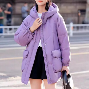 紫色连帽中长款羽绒服女宽松加厚90白鸭绒外套时尚马甲清仓福利款