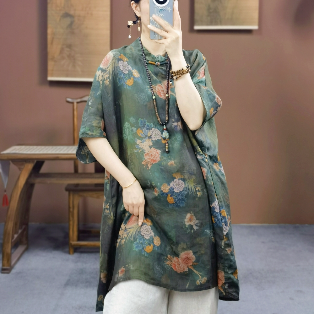 束心新中式苎麻五分袖老钱风印染中长款衬衫复古立领盘扣宽松上衣