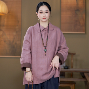 女装秋季新款复古宽松文艺翻领两面穿显瘦休闲亚麻双层长袖衬衫女