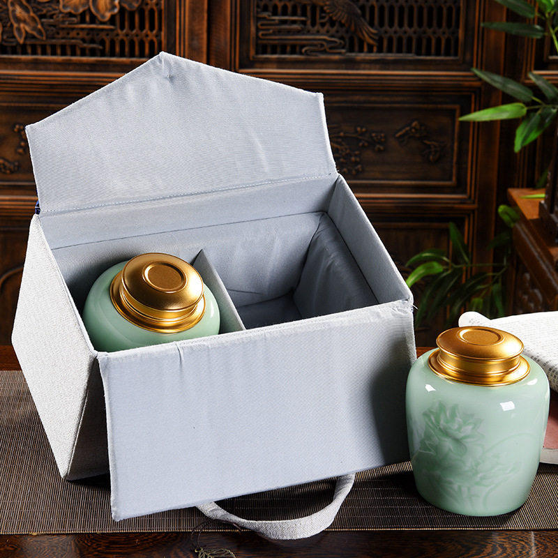 复古布包青花茶叶罐陶瓷便携式青瓷茶叶包装礼盒绿茶黄茶定制logo