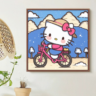 饰画 卡通可爱kitty猫数字油画diy填充儿童手工涂色画丙烯油彩画装