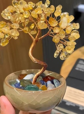 【红薯推荐】办公室聚宝盆茶盏底座水晶发财树摆件桌面水晶生命树