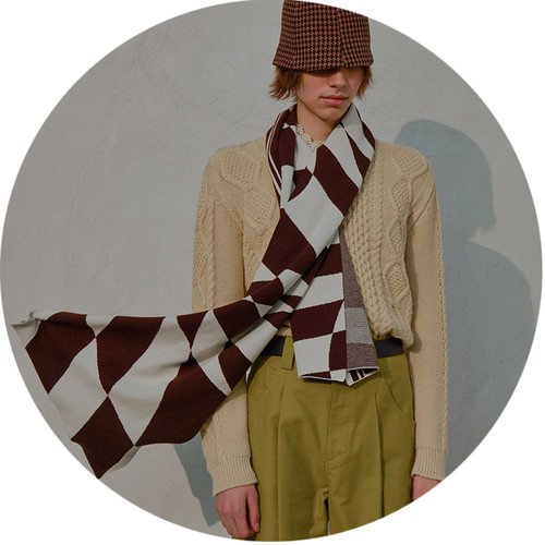 针织红咖色菱形图案提花亲肤围巾