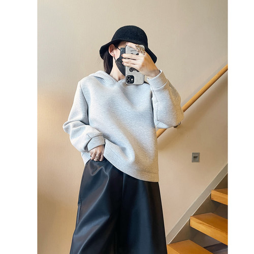 极简风连帽卫衣女宽松灰色长袖