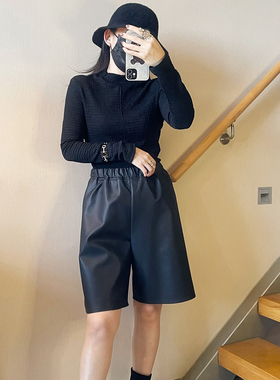 LESI ZUO原创设计黑色绵羊皮中腿裤女松紧腰五分裤宽松百搭皮裤