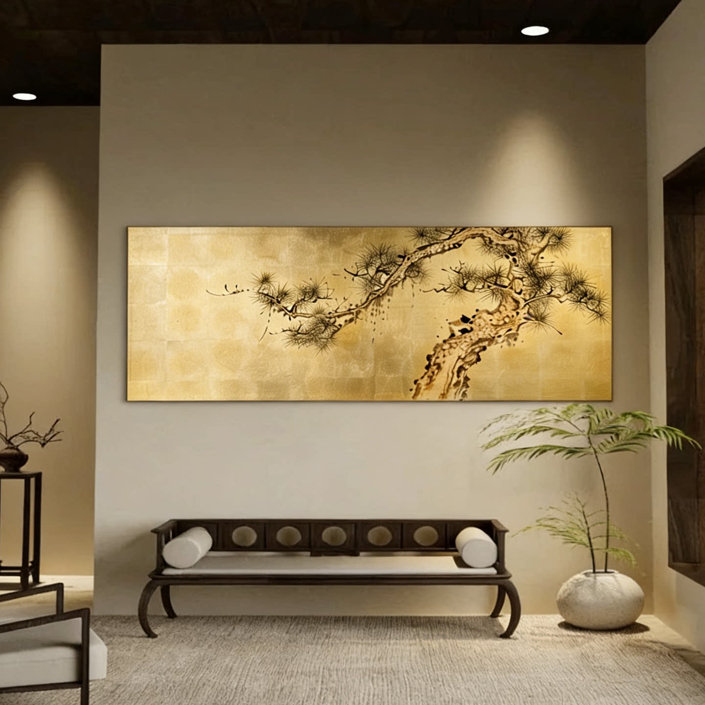 手绘松树金箔画禅意诧寂风挂画新中式沙发背景墙装饰画大尺寸挂画