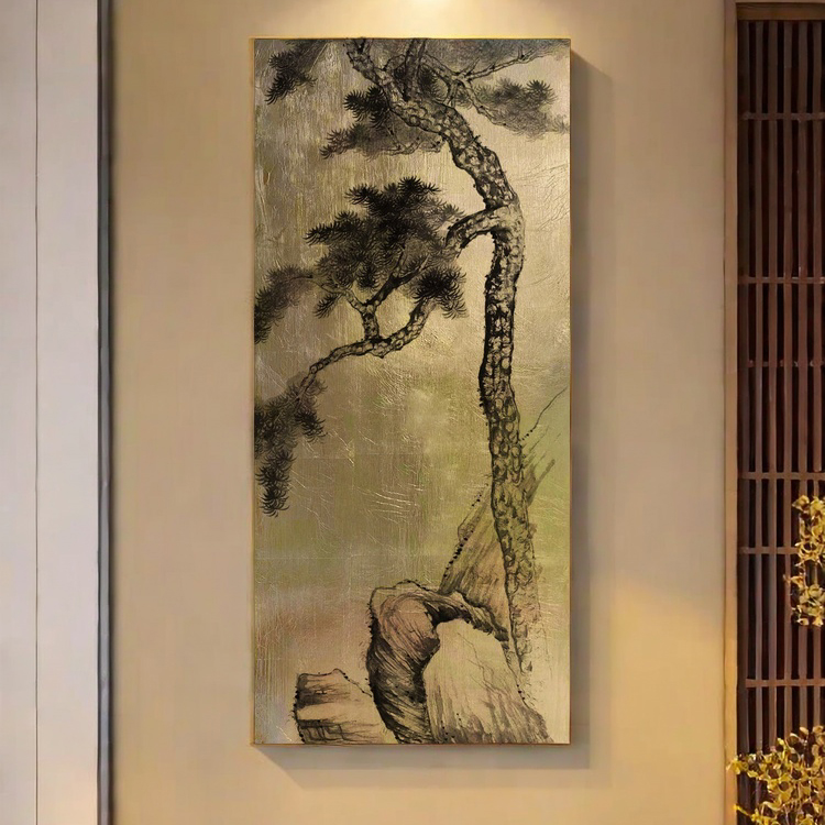 手绘写意松树国画迎客松轻奢金箔画宋式美学书房茶室玄关装饰挂画图片