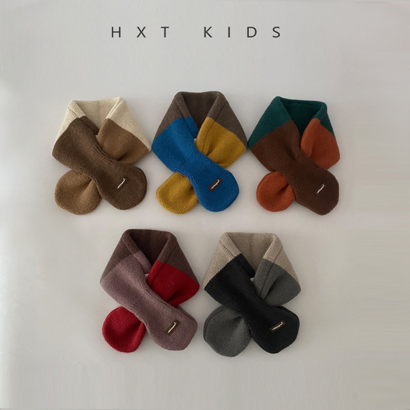 儿童围巾冬季洋气拼色交叉小标脖套男童女童宝宝冬天保暖时尚围脖