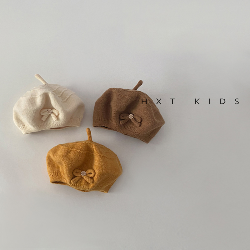 针织贝雷帽无檐帽子纯色系蝴蝶结