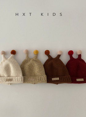 婴儿毛线帽秋冬季超萌可爱毛球小触角套头帽子婴幼儿宝宝针织帽冬