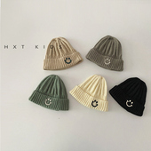 ins韩国笑脸儿童毛线帽秋冬季 简约男童女童宝宝冬天针织帽子 韩版