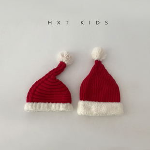 2025冬季婴儿圣诞帽洋气毛球保暖帽子儿童宝宝冬天红色新年套头帽