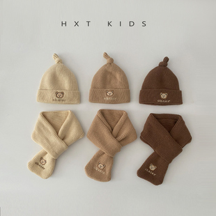 婴儿帽子围巾二件套秋冬季超萌可爱小熊保暖毛线帽0-1岁宝宝套装