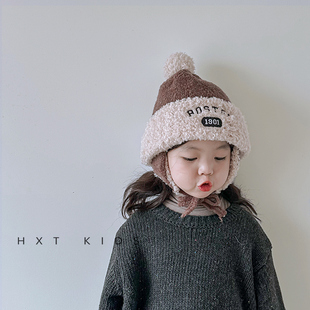 儿童护耳帽冬季加厚保暖针织帽子男童女童宝宝字母刺绣洋气雷锋帽