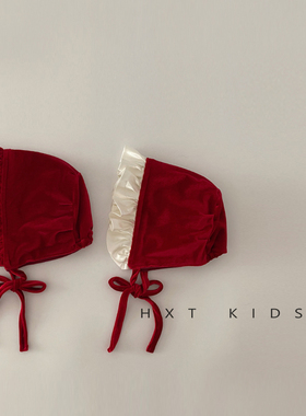 婴儿护耳帽秋冬季洋气红色花边系带帽子小月龄宝宝周岁拍照宫廷帽