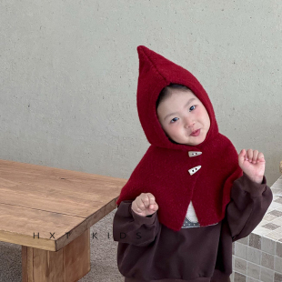儿童帽子围巾一体披肩帽秋冬季洋气红色针织帽潮童宝宝穿搭护耳帽