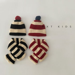 儿童帽子围巾时尚针织两件套秋冬季洋气条纹穿搭毛线帽保暖套装潮