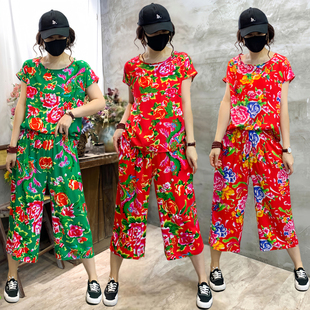 新款东北大花套装闺蜜装外穿聚会服二人转舞蹈秧歌短袖短裤两件套