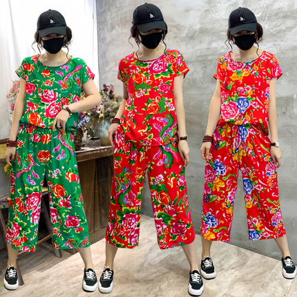 新款东北大花套装闺蜜装外穿聚会服二人转舞蹈秧歌短袖短裤两件套