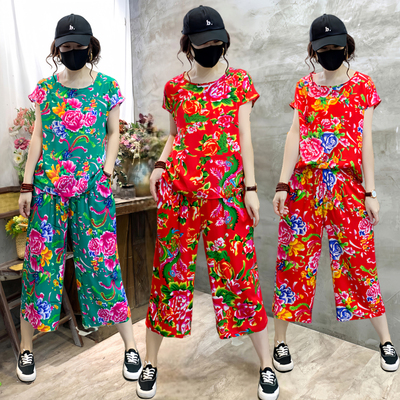 东北大花套装棉绸短袖姐妹聚会服