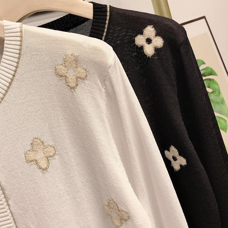 여성을위한 여름 새로운 얇은 꽃 얼음 실크 니트 카디건 재킷 짧은 간단한 수 놓은 느슨한 에어컨 태양 보호 의류