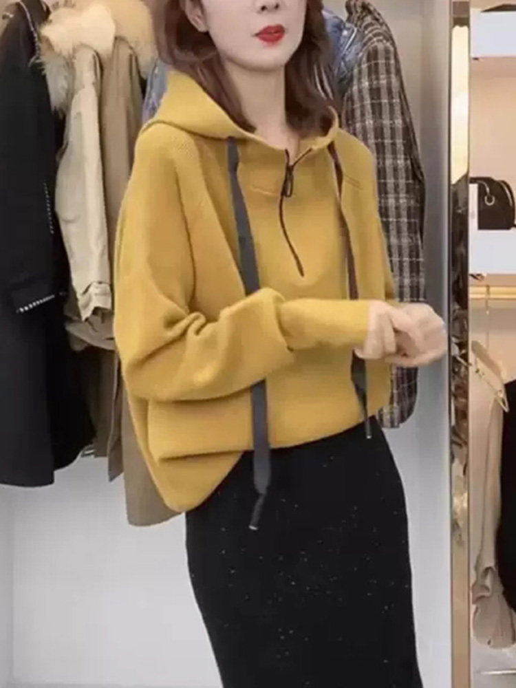 2024 AUTUMN CLOTHES NEW LONG SLEEVE HOODED PULLOVER KNIT SHORT LOOSE LUXURY CASUAL SWEATER WOMENS JACKET WINTER